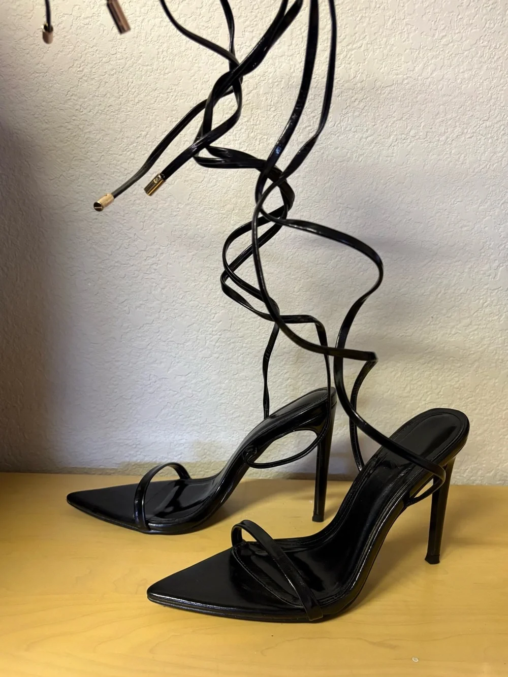 Black Leather Ankle-Tie Stiletto Sandal